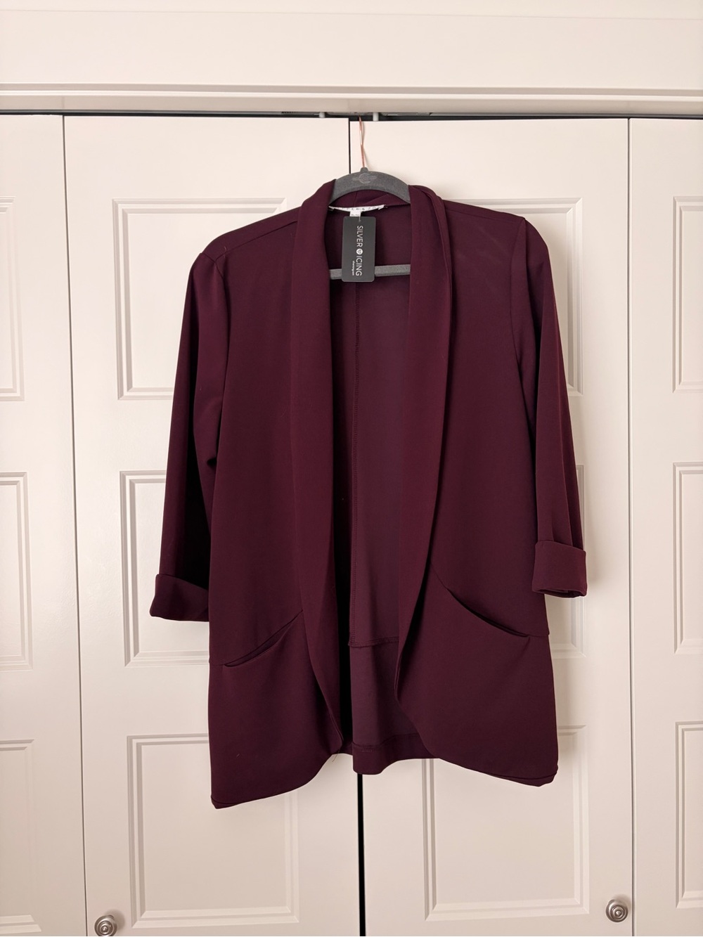 Open-Front Draped Blazer Jacket in Burgundy
